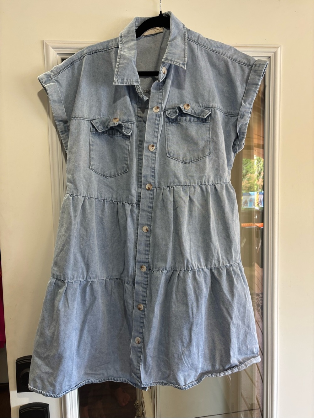 Savanna Jane Light Blue Denim Tiered Shirt Dress
